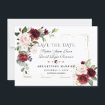 Burgundy Blush Floral Gold Glitter Frame Wedding Save The Date<br><div class="desc">Elegant card design featuring watercolour burgundy blush flowers and green leaves, a faux gold glitter broken frame, floral divider, on a white background. On the back the same flowers bouquets on ocean blue background. Use Personalise tool to add your info, change fonts, font's colours. For matching items, please, visit my...</div>