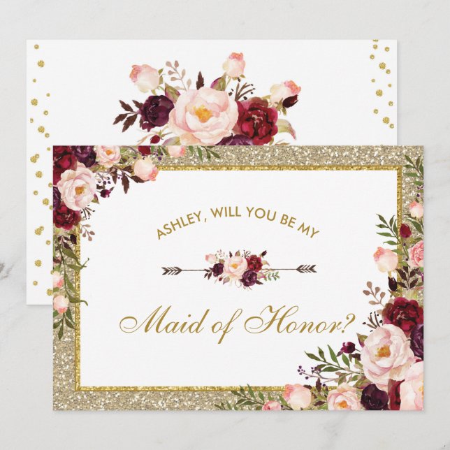 Burgundy Blush Floral Gold Glitter Maid of Honor Invitation (Front/Back)