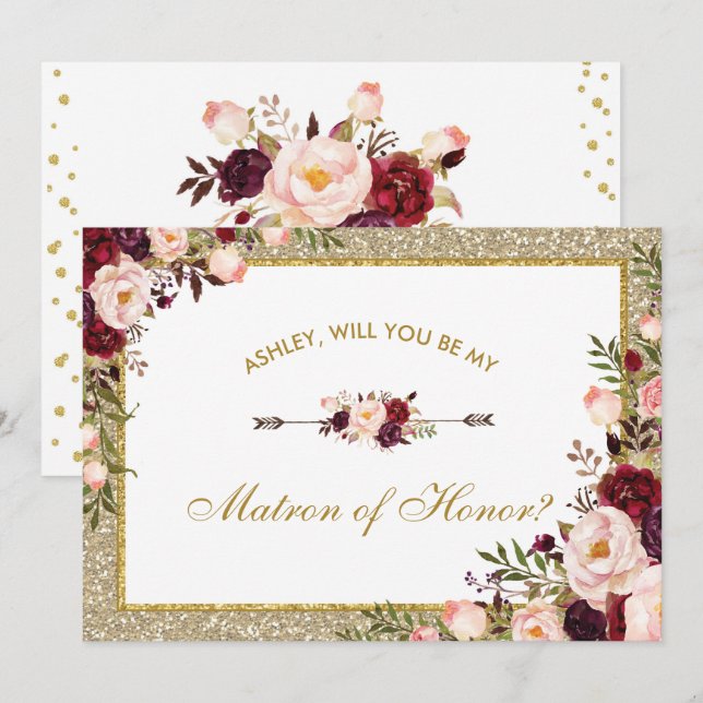 Burgundy Blush Floral Gold Glitter Matron of Honor Invitation (Front/Back)