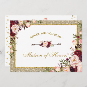 Burgundy Blush Floral Gold Glitter Matron of Honor Invitation