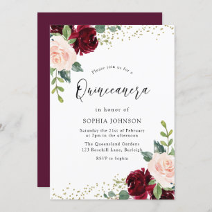 Burgundy Blush Floral Gold Glitter Quinceanera Invitation