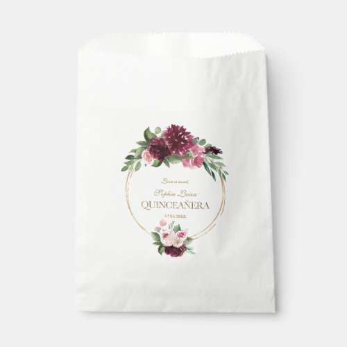 Burgundy Blush Floral Gold Mis Quince Quinceaera Favor Bag