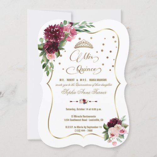 Burgundy Blush Floral Gold Mis Quince Quinceaera Invitation