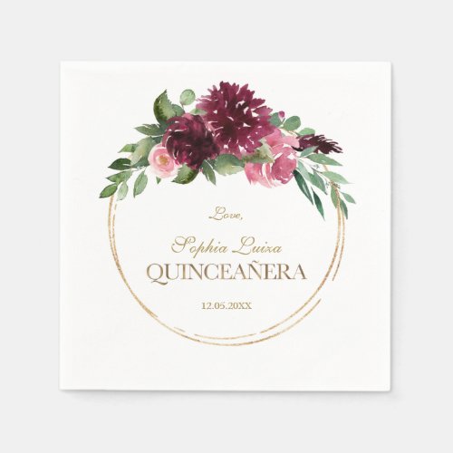 Burgundy Blush Floral Gold Mis Quince Quinceaera Napkins