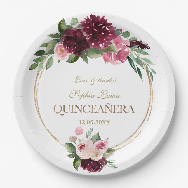 Burgundy Blush Floral Gold Mis Quince Quinceañera Paper Plates (Front)