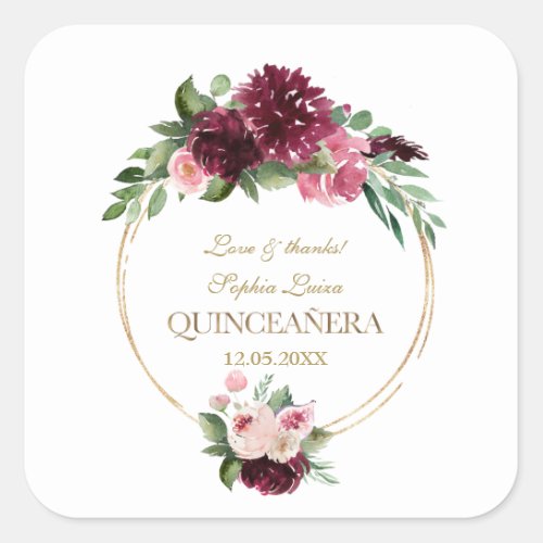 Burgundy Blush Floral Gold Mis Quince Quinceaera Square Sticker