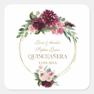 Burgundy Blush Floral Gold Mis Quince Quinceañera Square Sticker