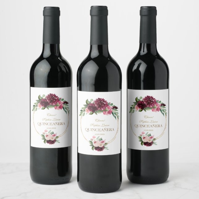 Burgundy Blush Floral Gold Mis Quince Quinceañera Wine Label (Bottles)