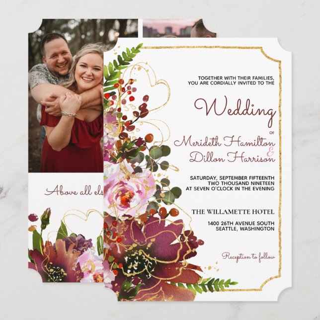 Burgundy Blush Floral Gold Modern Wedding Invitation (Front/Back)