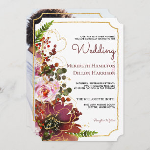 Burgundy Blush Floral Gold Photo Boho Wedding Invitation