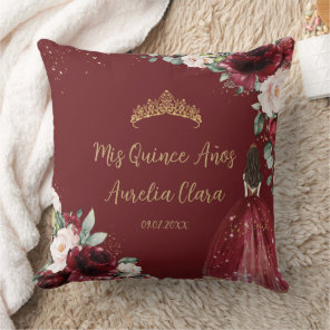Burgundy Blush Floral Gold Quinceañera Keepsake Throw Pillow
