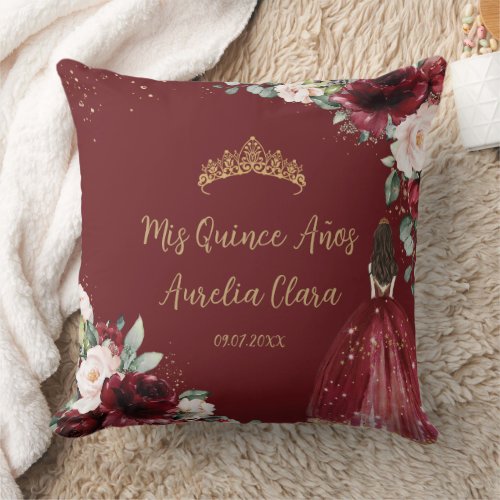 Burgundy Blush Floral Gold Quinceaera Keepsake Throw Pillow