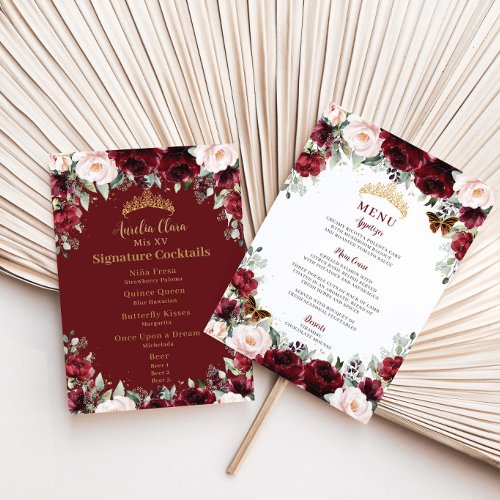 Burgundy Blush Floral Gold QUINCEAÑERA Menu Card