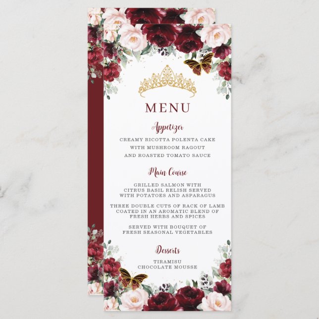 Burgundy Blush Floral Gold QUINCEAÑERA Party Menu (Front/Back)