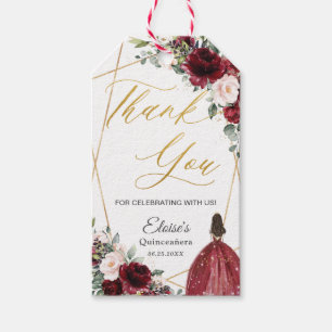 Burgundy Blush Floral Gold Quinceañera Thank You Gift Tags