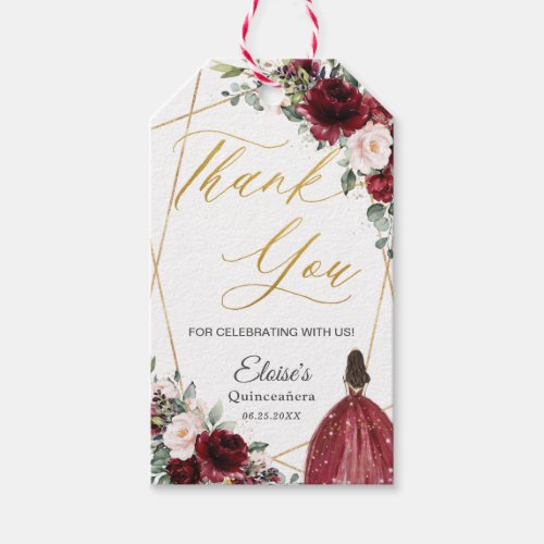 Burgundy Blush Floral Gold Quinceaera Thank You   Gift Tags