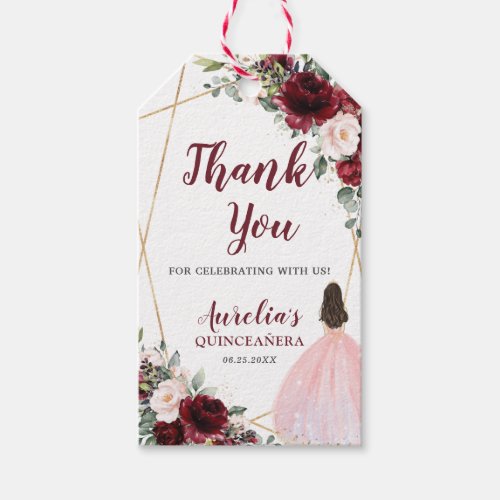 Burgundy Blush Floral Gold Quinceaera Thank You Gift Tags