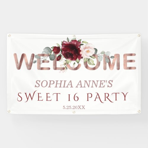 Burgundy Blush Floral Gold Sweet 6 Welcome Sign