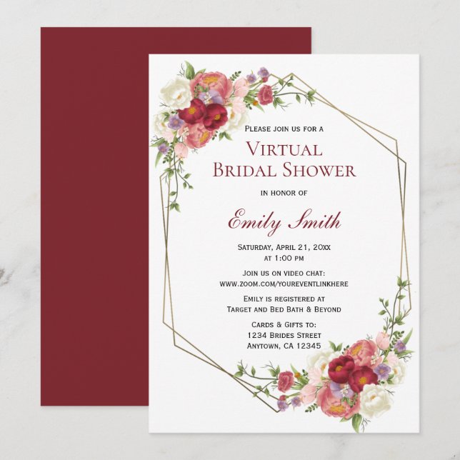 Burgundy Blush Floral Gold | Virtual Bridal Shower Invitation (Front/Back)