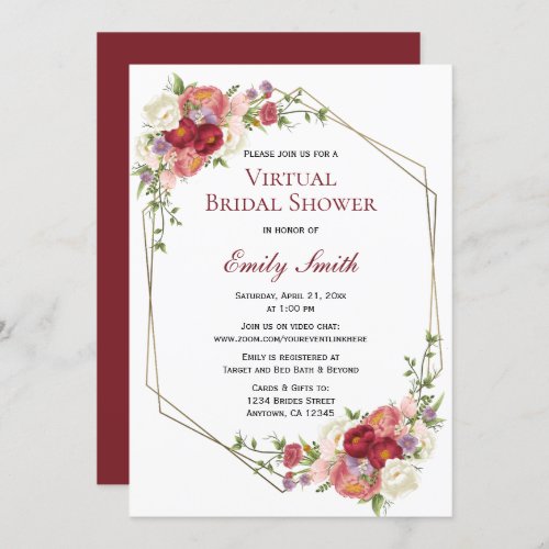 Burgundy Blush Floral Gold  Virtual Bridal Shower Invitation