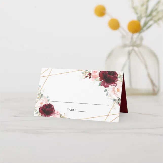 Burgundy Blush Floral Gold Wedding Guest Name Place Card | Zazzle