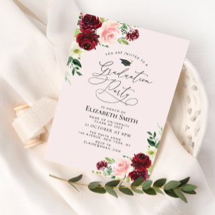 burgundy blush floral graduation party invitation