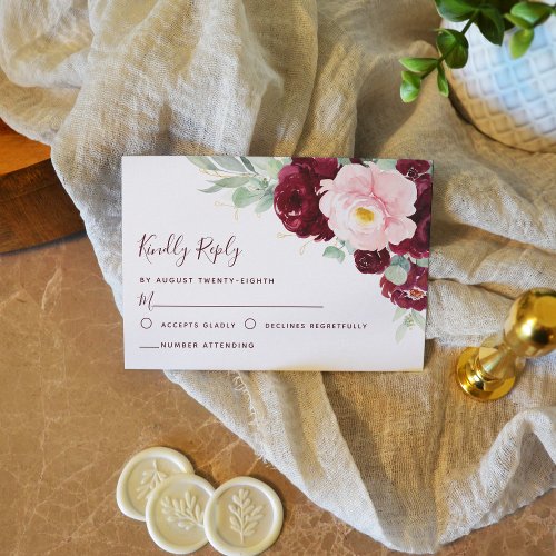 Burgundy Blush Floral Greenery Modern Wedding RSVP Card