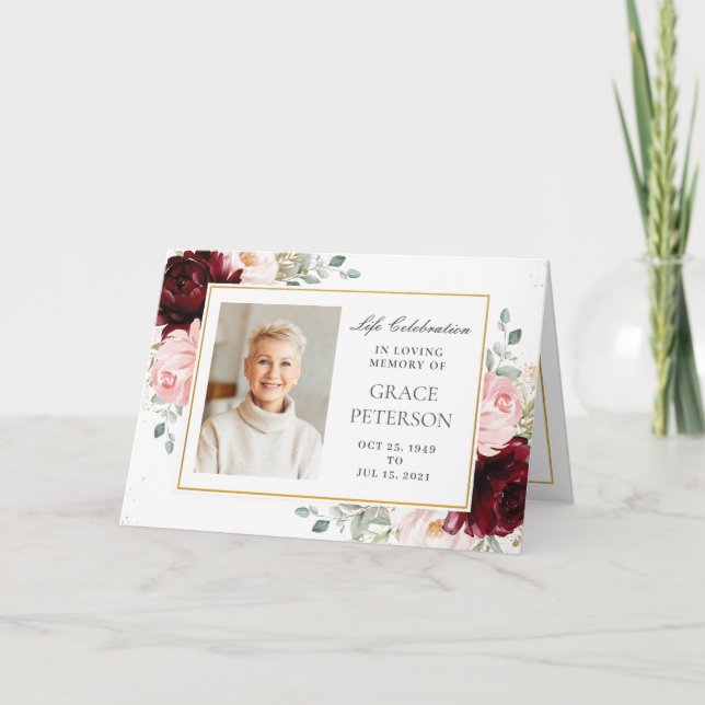 Burgundy Blush Floral Greenery Photos Funeral Program (Front)