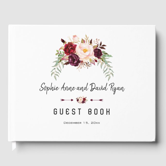 Burgundy Blush Floral Handwriting Wedding Planner Guest Book (Front)