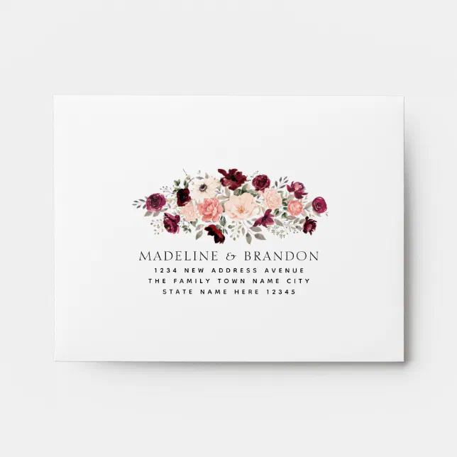 Burgundy Blush Floral Ivory Wedding RSVP Envelope | Zazzle