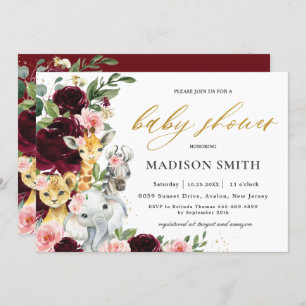 Burgundy Blush Floral Jungle Animals Baby Shower Invitation