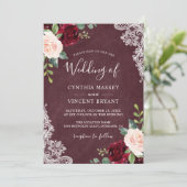 Burgundy Blush Floral Lace Autumn Fall Wedding Invitation (Standing Front)