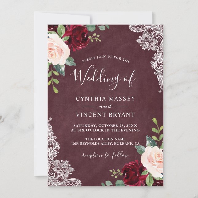 Burgundy Blush Floral Lace Autumn Fall Wedding Invitation (Front)