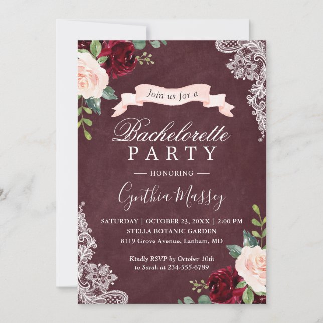Burgundy Blush Floral Lace Bachelorette Party Invitation (Front)
