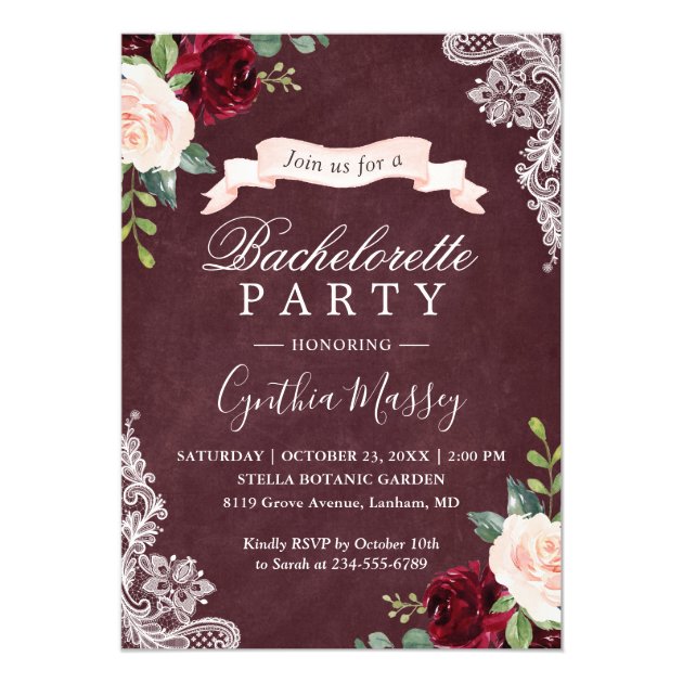 Burgundy Blush Floral Lace Bachelorette Party Invitation