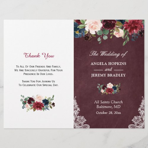 Burgundy Blush Floral Lace Folded Wedding Program