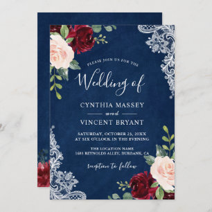 Burgundy Blush Floral Lace Navy Blue Wedding Invitation