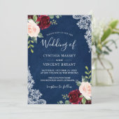 Burgundy Blush Floral Lace Navy Blue Wedding Invitation (Standing Front)
