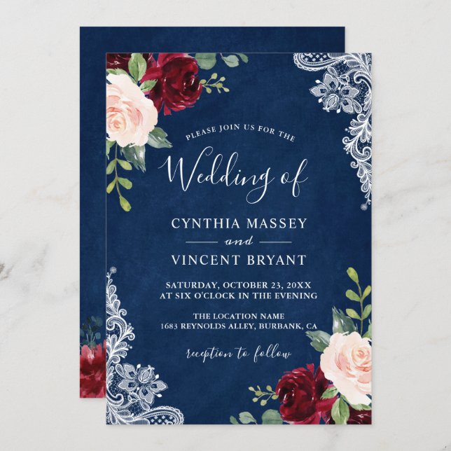 Burgundy Blush Floral Lace Navy Blue Wedding Invitation (Front/Back)