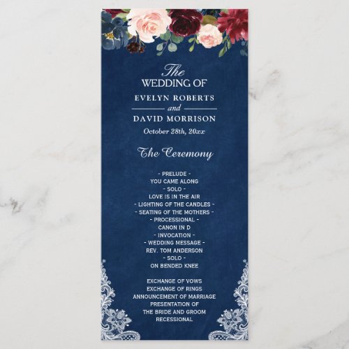 Burgundy Blush Floral Lace Navy Blue Wedding Program
