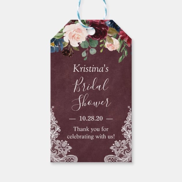 Burgundy Blush Floral Lace Rustic Bridal Shower Gift Tags