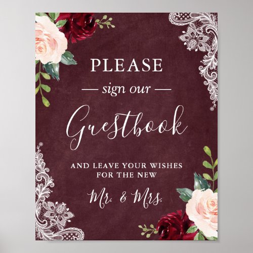 Burgundy Blush Floral Lace Wedding Guestbook Sign