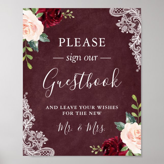 Burgundy Blush Floral Lace Wedding Guestbook Sign (Front)