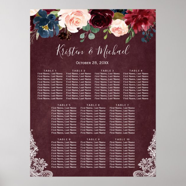 Burgundy Blush Floral Lace Wedding Seating Chart