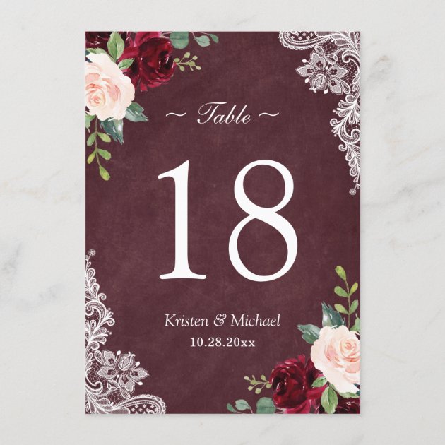 Burgundy Blush Floral Lace Wedding Table Number