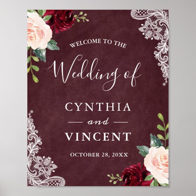 Burgundy Blush Floral Lace Wedding Welcome Sign