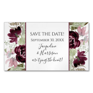 Burgundy Blush Floral Leaves Elegant Save the Date Business Card Magnet