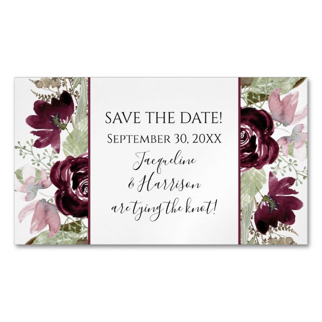Burgundy Blush Floral Leaves Elegant Save the Date Business Card Magnet (Front)