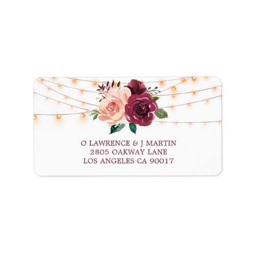 Burgundy Blush Floral Lights Wedding RSVP Address Label