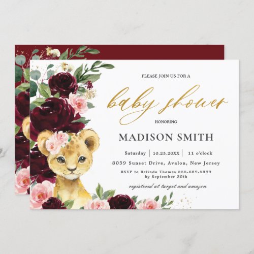 Burgundy Blush Floral Lion Cub Baby Shower     Invitation